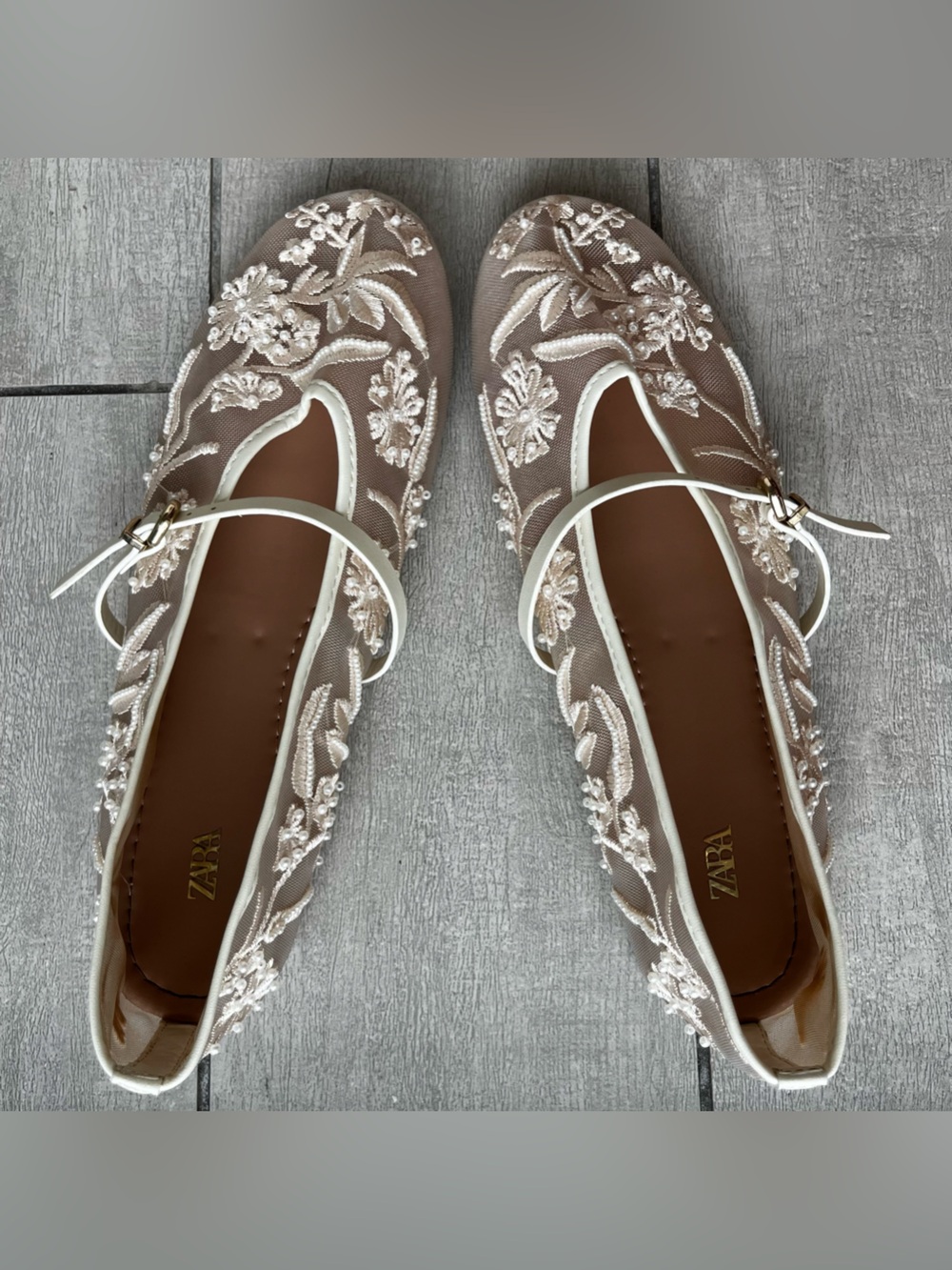 Zara Mesh Embroidered Ballet Floral Pearls Lace Flats Shoes Cream 8 Wedding Shoe - Picture 12 of 14
